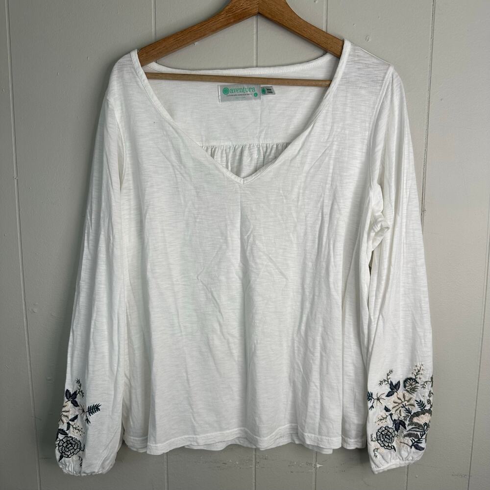 Aventura Womens L White Floral Embroidered V Neck Peasant Top Soft